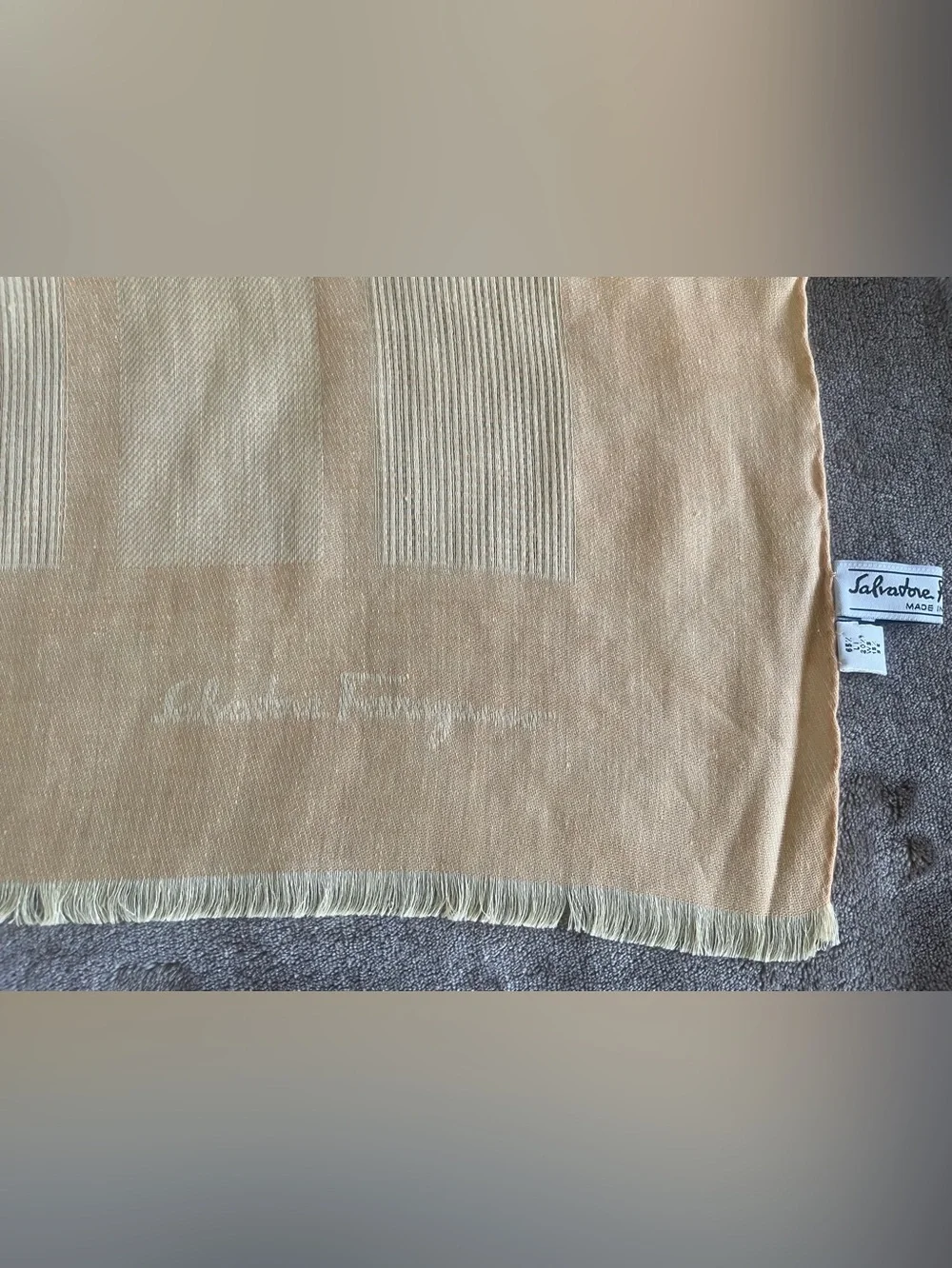 Salvatore Ferragamo Peach Linen Blend Geometric Open Weave Oversized Shawl Scarf